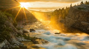 Bright Sunrise Over Fast Flowing River HD Desktop Background